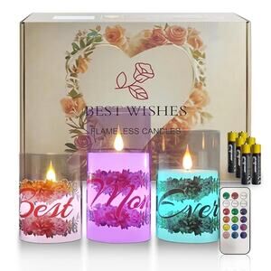 Mothers Day Gift Flameless Candles Set of 3 w/Remote & Timer Best Mom Ever Print